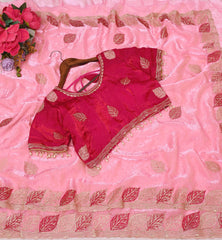 Baby Pink Satin Silk Saree with Rani Pink Embroidered Blouse With Siroski Diamond