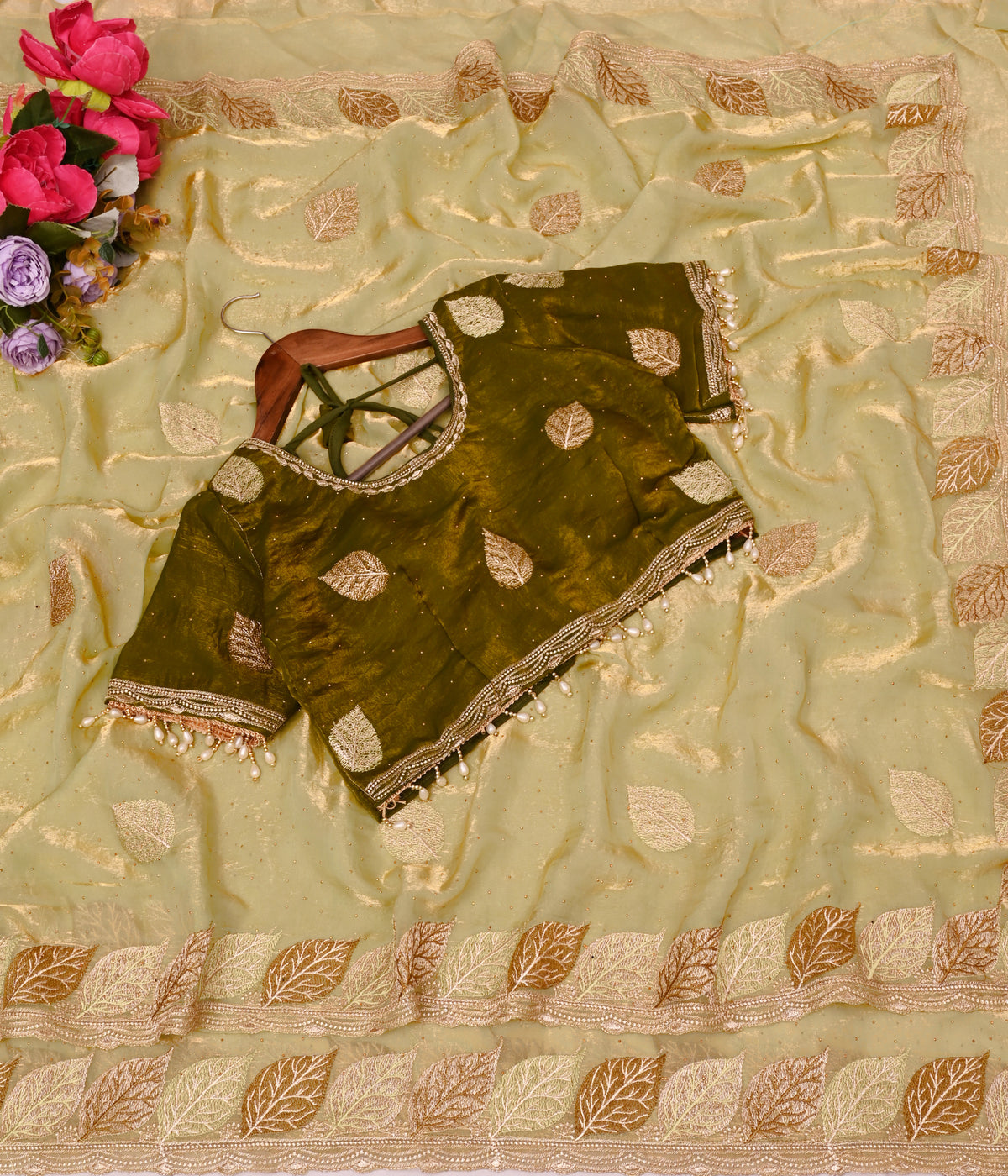 Pista Satin Silk Saree with Mhendi Color Embroidered Blouse With Siroski Diamond