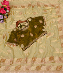 Pista Satin Silk Saree with Mhendi Color Embroidered Blouse With Siroski Diamond