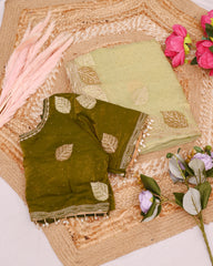 Pista Satin Silk Saree with Mhendi Color Embroidered Blouse With Siroski Diamond