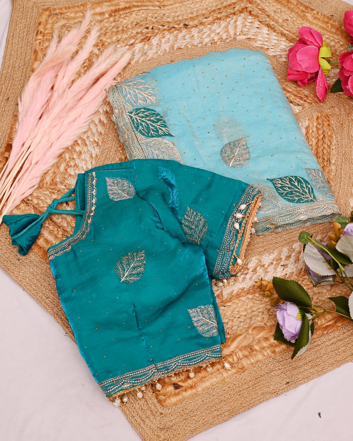 Sky Firoji Satin Silk Saree with Rama Color Embroidered Blouse With Siroski Diamond