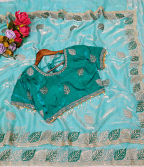 Sky Firoji Satin Silk Saree with Rama Color Embroidered Blouse With Siroski Diamond