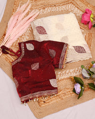 Cream Satin Silk Saree with Maroon Color Embroidered Blouse With Siroski Diamond