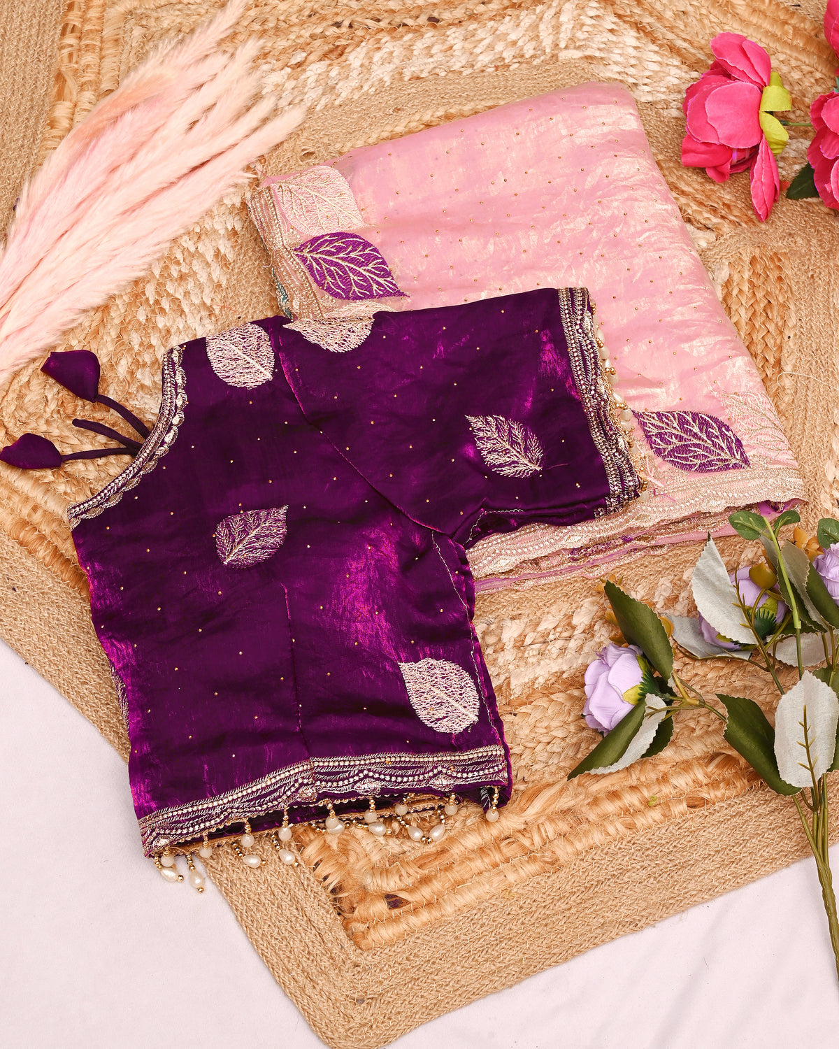 Light Pink Satin Silk Saree with Wine Color Embroidered Blouse With Siroski Diamond