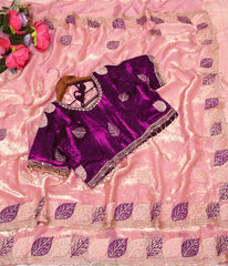 Light Pink Satin Silk Saree with Wine Color Embroidered Blouse With Siroski Diamond
