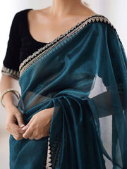 Midnight Teal Organza Saree with Embroidered Velvet Blouse Piece