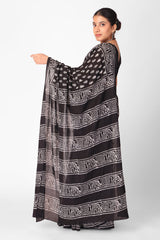 Midnight Noir Hand-Block Printed Cotton Saree with Functional Pocket & Sleeveless V-Neck Blouse Set
