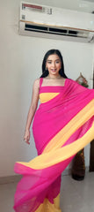 Vibrant Magenta & Yellow Chiffon Saree with Sleek Sleeveless Blouse