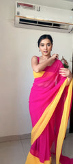 Vibrant Magenta & Yellow Chiffon Saree with Sleek Sleeveless Blouse