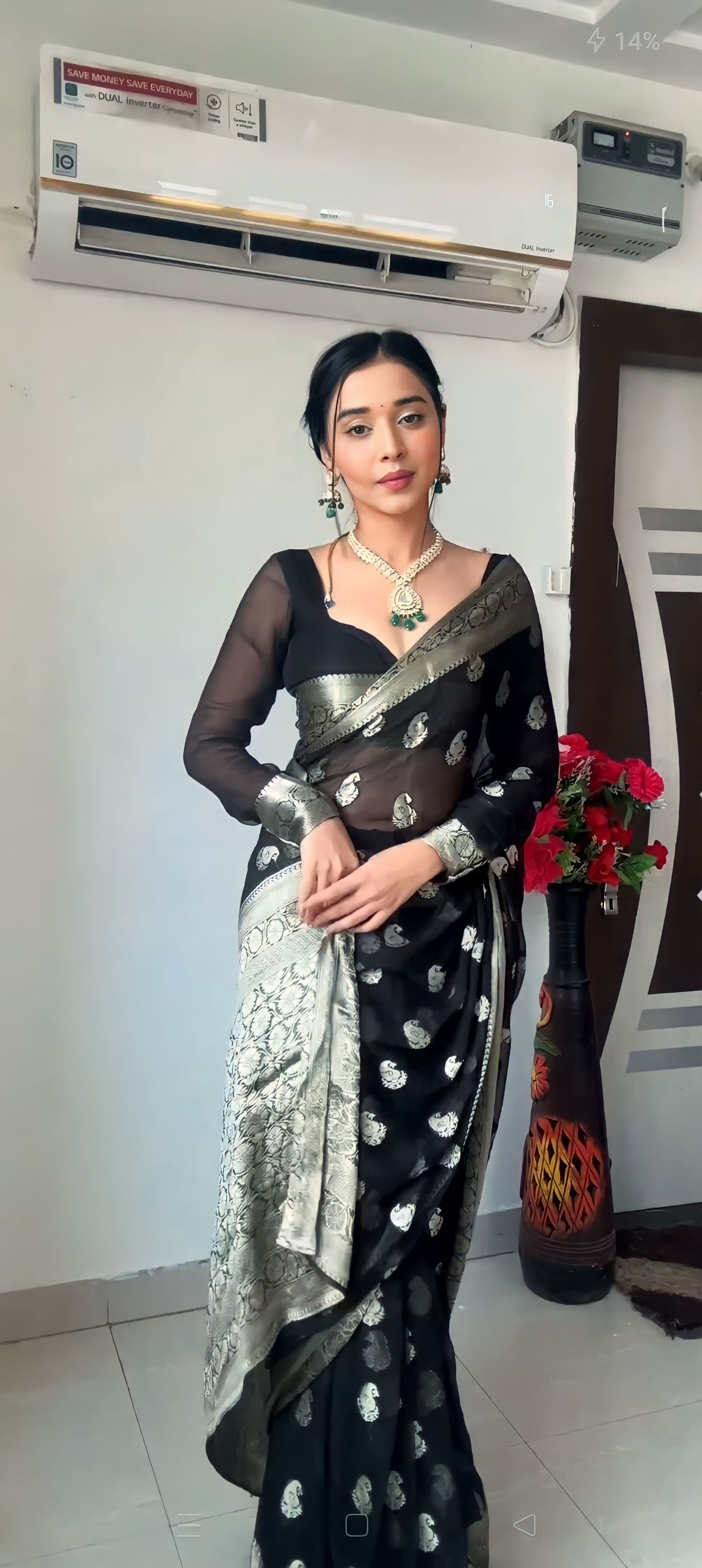 Midnight Noir Banarasi Organza Saree with Silver Zari Butta & Sheer Full-Sleeve Blouse Set