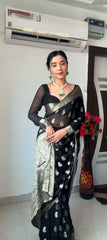 Midnight Noir Banarasi Organza Saree with Silver Zari Butta & Sheer Full-Sleeve Blouse Set