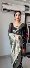 Midnight Noir Banarasi Organza Saree with Silver Zari Butta & Sheer Full-Sleeve Blouse Set