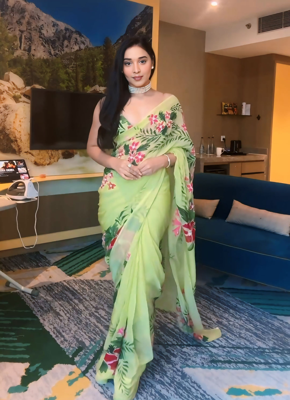 Lime Green Organza Silk Saree with Hand-Painted Floral Printed Noodle-Strap Blouse