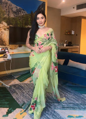 Lime Green Organza Silk Saree with Hand-Painted Floral Printed Noodle-Strap Blouse