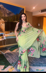 Lime Green Organza Silk Saree with Hand-Painted Floral Printed Noodle-Strap Blouse