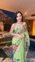 Lime Green Organza Silk Saree with Hand-Painted Floral Printed Noodle-Strap Blouse