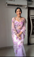 Lavender Organza Silk Saree with Hand-Painted Floral Printed Spaghetti Strap Blouse
