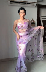 Lavender Organza Silk Saree with Hand-Painted Floral Printed Spaghetti Strap Blouse