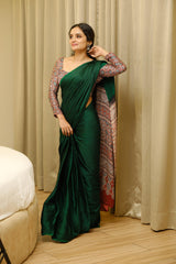 Modern Ethnic :  Green Crape-Silk Saree with Contrast Kalamkari-Style Blouse