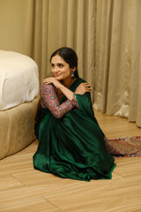 Modern Ethnic :  Green Crape-Silk Saree with Contrast Kalamkari-Style Blouse