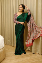 Modern Ethnic :  Green Crape-Silk Saree with Contrast Kalamkari-Style Blouse