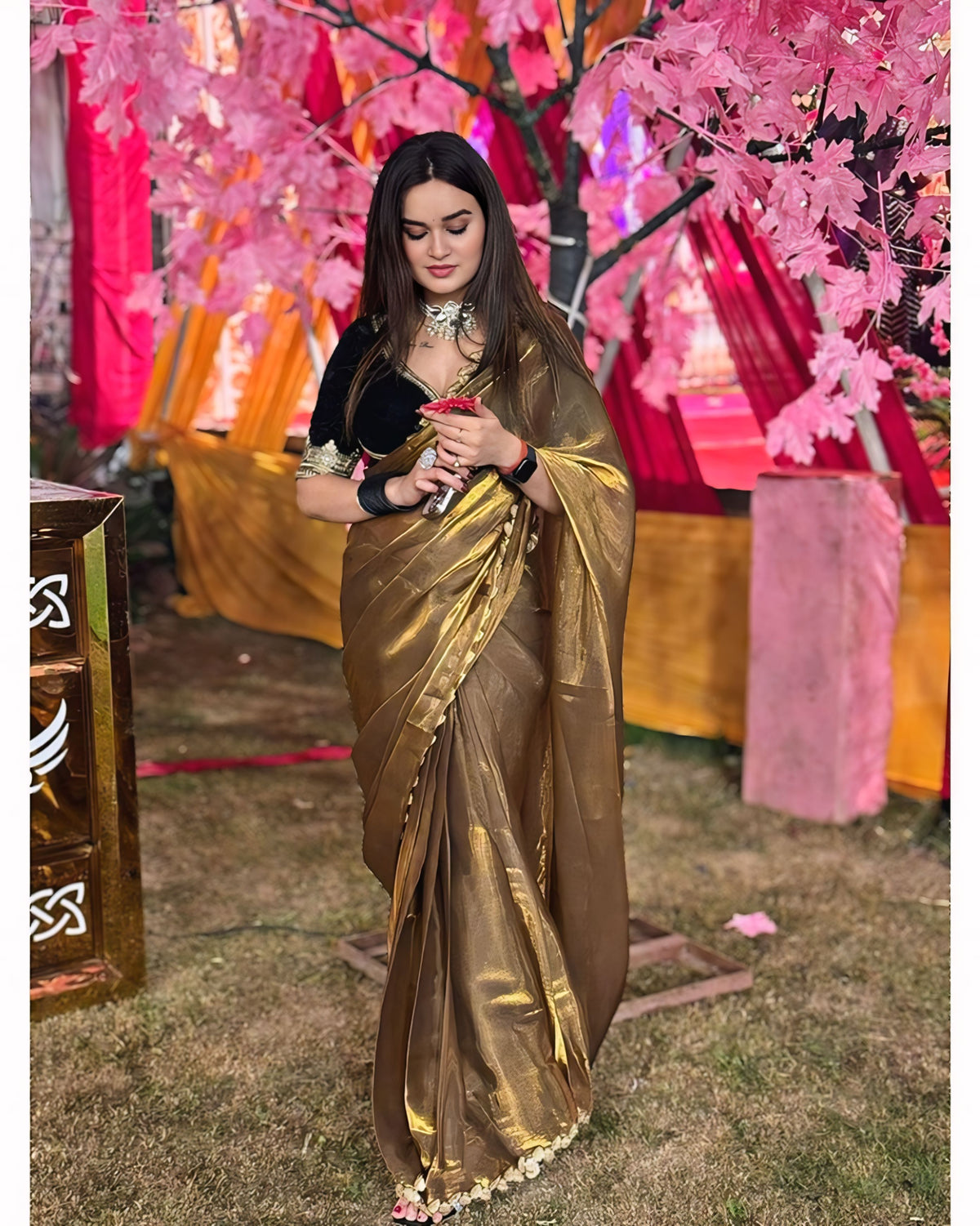 Designer Mustard Fendy Silk Saree with Premium Black Velvet Hand-Work Blouse