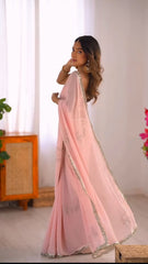 Light Pink Georgette Saree with Hand Sequin Border & Georgette Silk Blouse