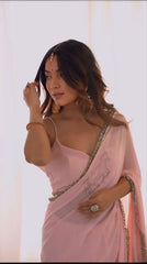 Light Pink Georgette Saree with Hand Sequin Border & Georgette Silk Blouse