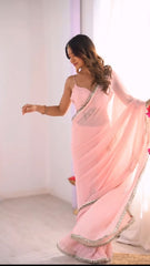 Light Pink Georgette Saree with Hand Sequin Border & Georgette Silk Blouse