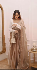 Satin Silk Gold Tissue Saree with Textured White Full-Sleeve Blouse
