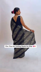 Midnight Noir Hand-Block Printed Cotton Saree with Functional Pocket & Sleeveless V-Neck Blouse Set
