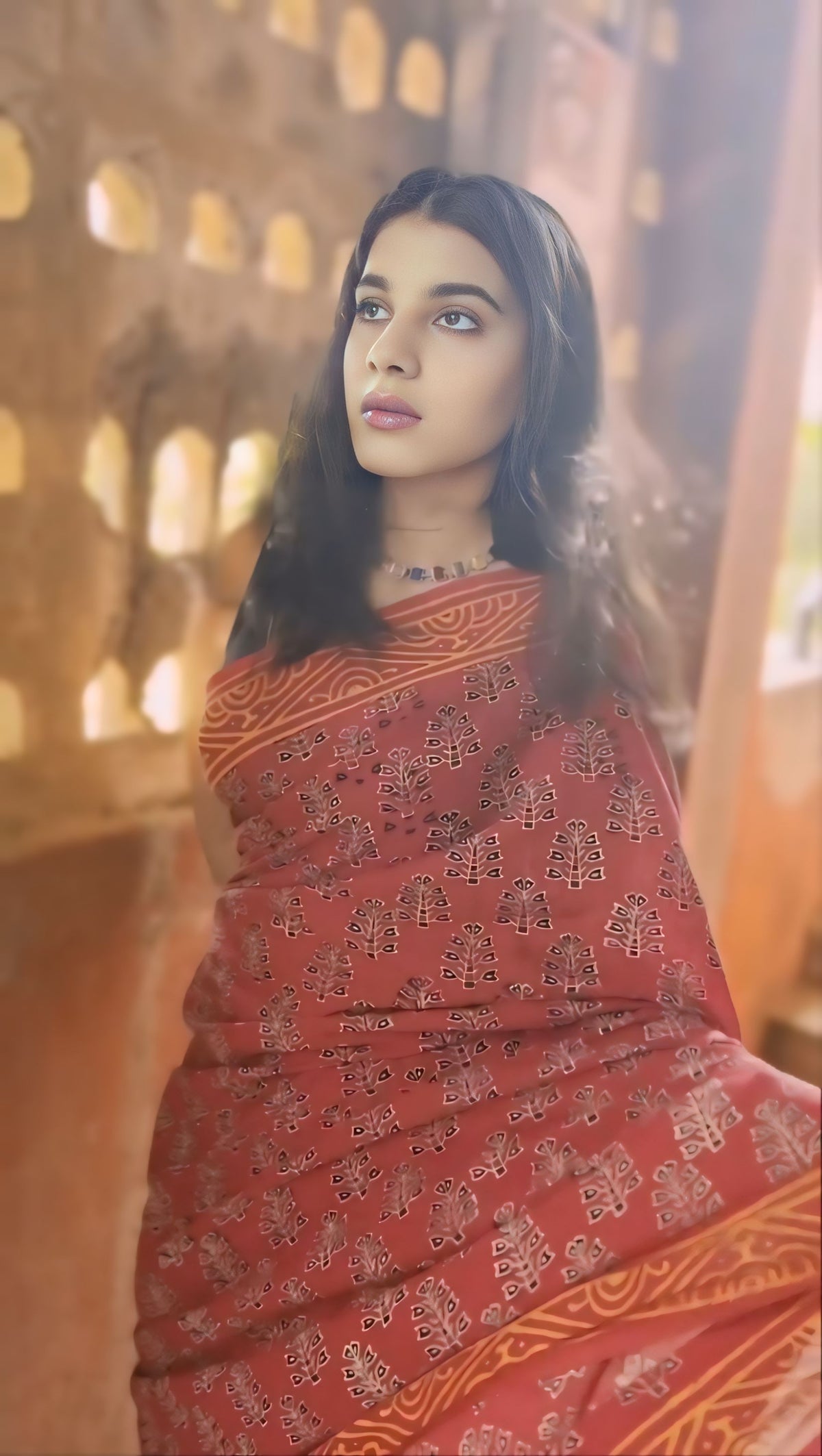 Hand-Block Printed Ajrakh Mul Cotton Saree in Crimson Red with Functional Pocket