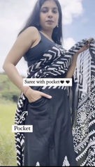 Midnight Black Chevron Hand-Block Cotton Saree