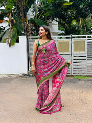 The Earthy Fusion: Deep Berry Floral Saree with Statement Forest Green Blouse