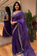 Jambun Purple Silk Saree with Heavy Zari Leaf Embroidery & Scalloped Border Designer Blouse Set