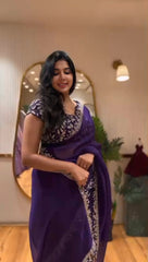 Jambun Purple Silk Saree with Heavy Zari Leaf Embroidery & Scalloped Border Designer Blouse Set