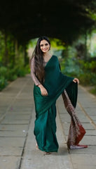 Modern Ethnic :  Green Crape-Silk Saree with Contrast Kalamkari-Style Blouse