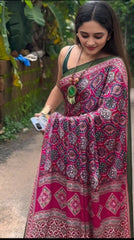 The Earthy Fusion: Deep Berry Floral Saree with Statement Forest Green Blouse