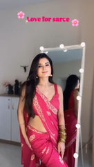 Rani Pink Party-Wear Saree – Elegant Ethnic Drape with Traditional Gold Booti Work