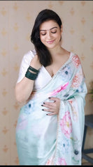 Ethereal Sky Blue Satin Silk Saree with Pastel Floral Prints & Pearl Lace Border