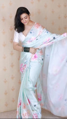 Ethereal Sky Blue Satin Silk Saree with Pastel Floral Prints & Pearl Lace Border