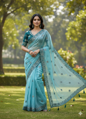 Sky Blue Saree & Dark Rama Embroidered Blouse – Heavy Zari & Zarkhan Diamond