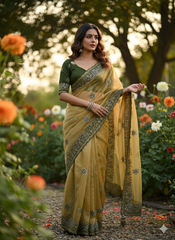 Mustard Yellow Saree & Embroidered Green Blouse – Heavy Zari & Zarkhan Diamond