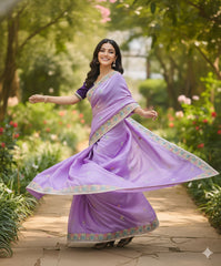 Lavender Gold Crush Saree with Jambun Color Embroidered Blouse | Hand-Crafted Floral Cutwork Border
