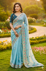 Sky Firoji Gold Crush Saree with Rama Blue Color Embroidered Blouse | Hand-Crafted Floral Cutwork Border