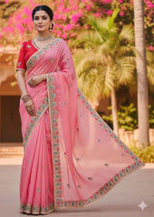 Pink Gold Crush Saree with Rani Color Embroidered Blouse | Hand-Crafted Floral Cutwork Border
