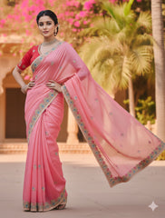 Pink Gold Crush Saree with Rani Color Embroidered Blouse | Hand-Crafted Floral Cutwork Border