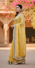Yellow Gold Crush Saree with Mehndi Color Embroidered Blouse | Hand-Crafted Floral Cutwork Border