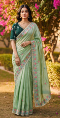 Pista Gold Crush Saree with Green Color Embroidered Blouse | Hand-Crafted Floral Cutwork Border