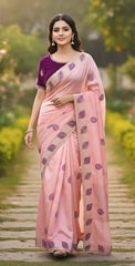 Light Pink Satin Silk Saree with Wine Color Embroidered Blouse With Siroski Diamond
